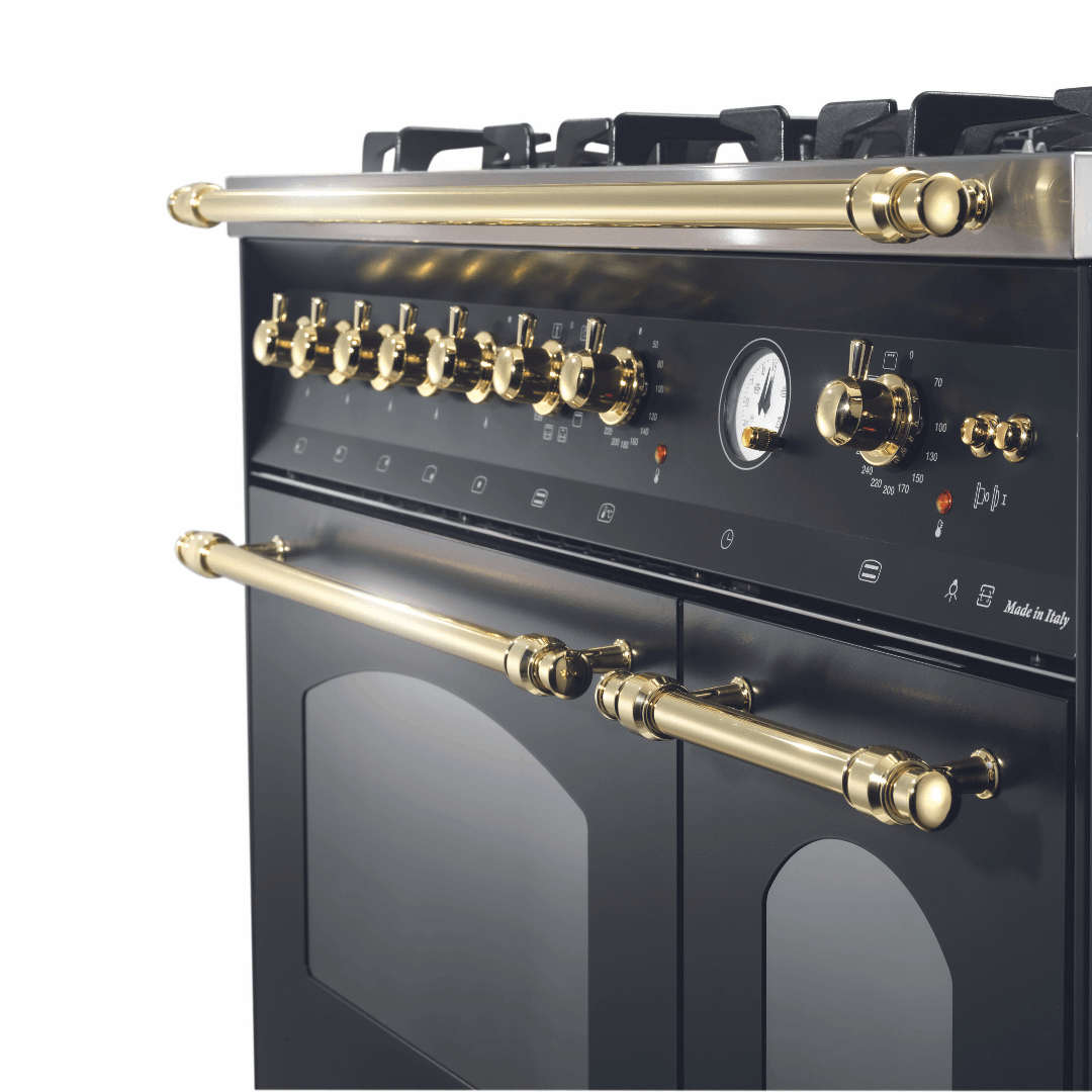 Dolcevita 120 cm Double Electric Oven Dual Fuel Range Cooker - Black Matte - Brass Finish - Lofra Cookers