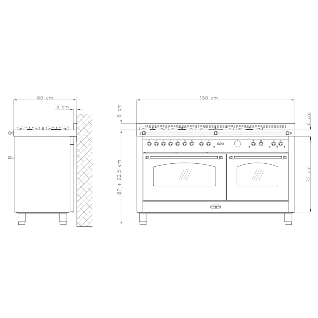 Dolcevita 150 cm Mixed Burners Double Electric Oven Dual Fuel Range Cooker - Black Matt - Brass Finish - Lofra Cookers