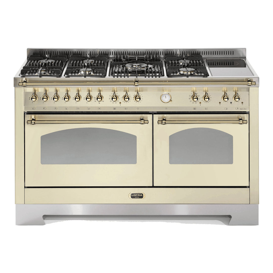Dolcevita 150 cm Mixed Burners Double Electric Oven Dual Fuel Range Cooker - Ivory White - Brass Finish - Lofra Cookers