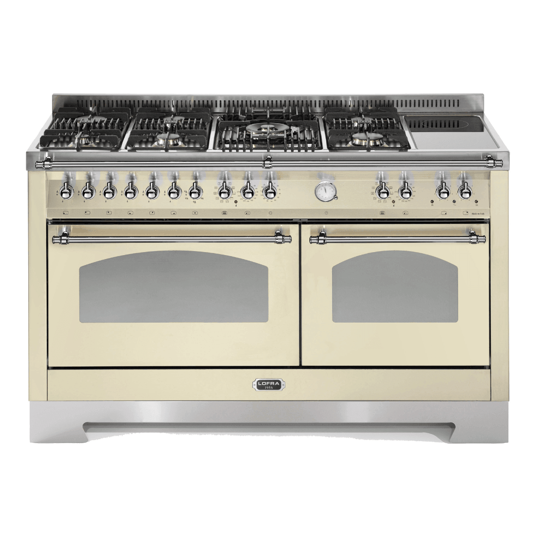 Dolcevita 150 cm Mixed Burners Double Electric Oven Dual Fuel Range Cooker - Ivory White - Chrome Finish - Lofra Cookers