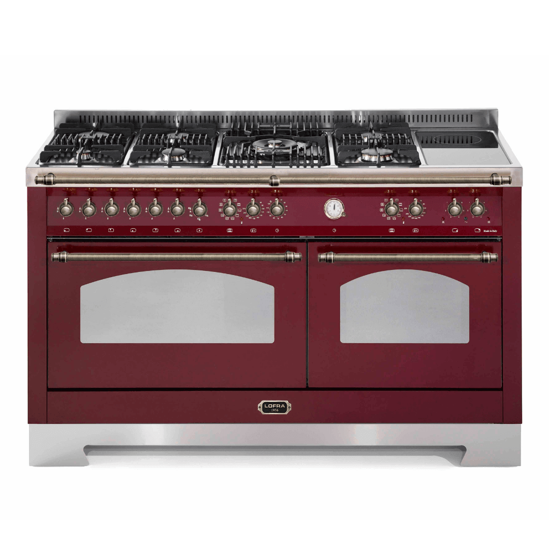Dolcevita 150 cm Mixed Burners Double Electric Oven Dual Fuel Range Cooker - Red Burgundy - Bronze Finish - Lofra Cookers