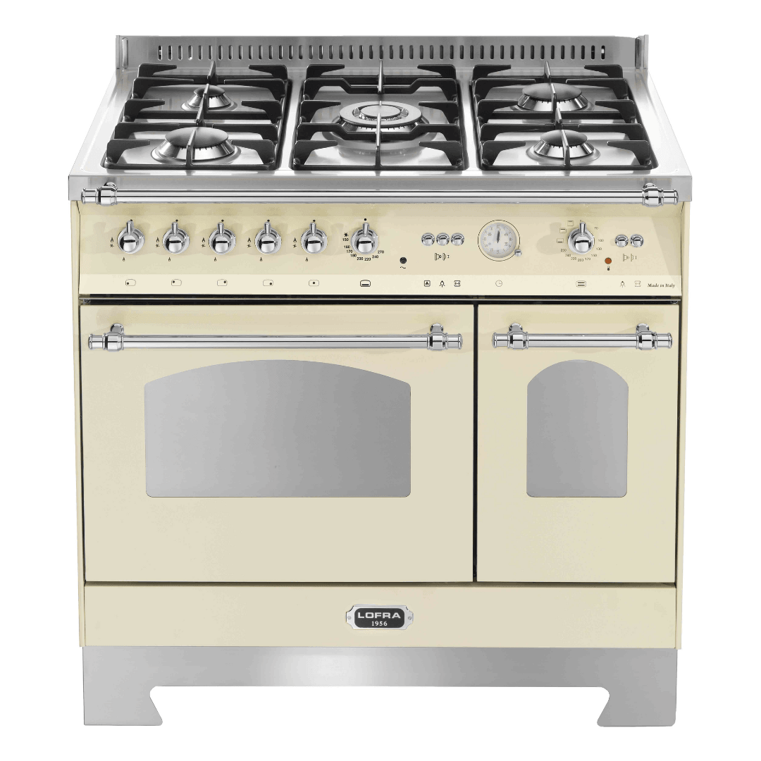 Dolcevita 90 cm Double Electric Oven Dual Fuel Range Cooker - Ivory White - Chrome Finish - Lofra Cookers