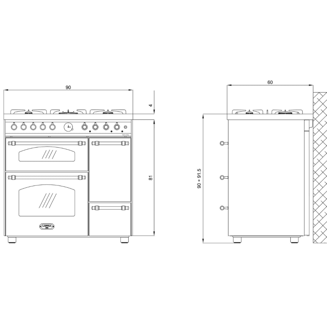 Dolcevita 90 cm Triple Electric Oven Dual Fuel Range Cooker - Black Matte - Brass Finish - Lofra Cookers