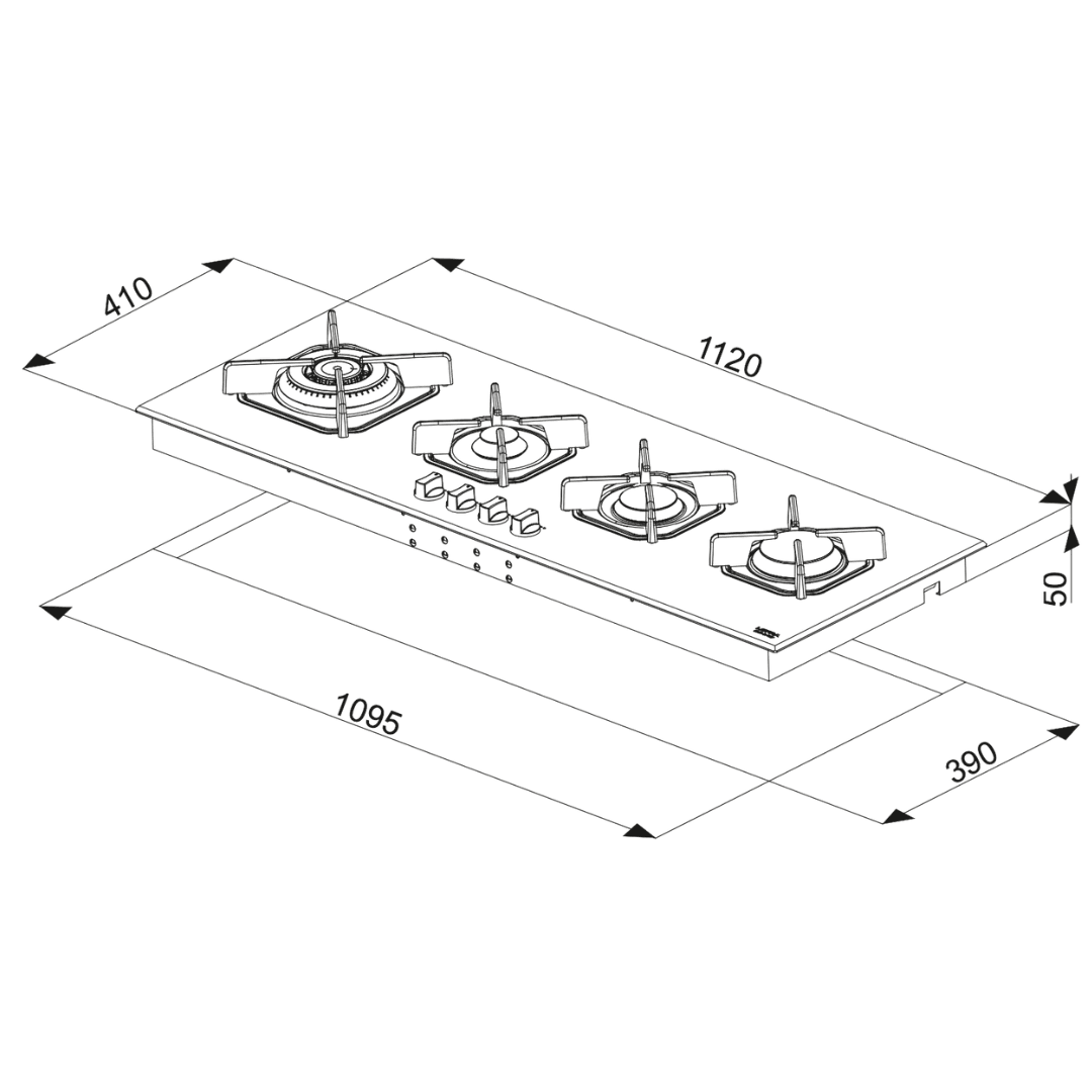 Professional Gas Glass Hob 112 cm - Vega - Black Glass - Lofra Cookers