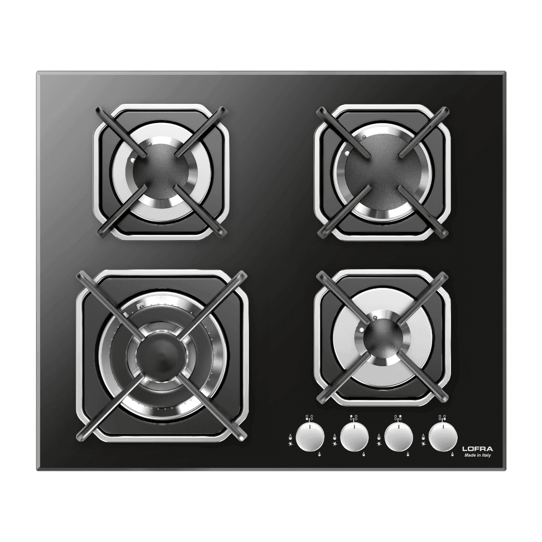 Professional Gas Glass Hob 60 cm - Mercurio Frontal Control Knobs - Black Glass - Lofra Cookers