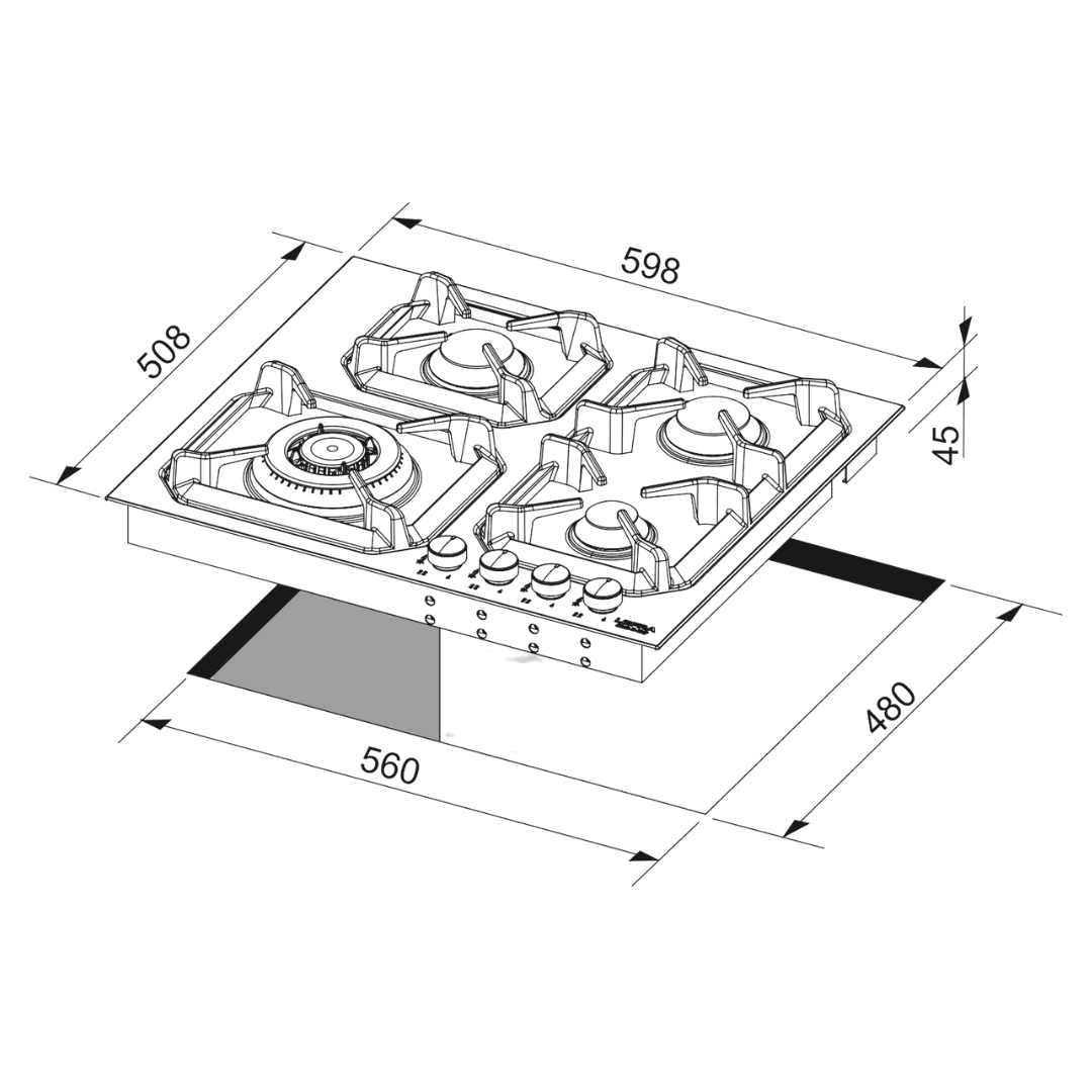 Professional Gas Glass Hob 60 cm - Mercurio Frontal Control Knobs - Black Glass - Lofra Cookers