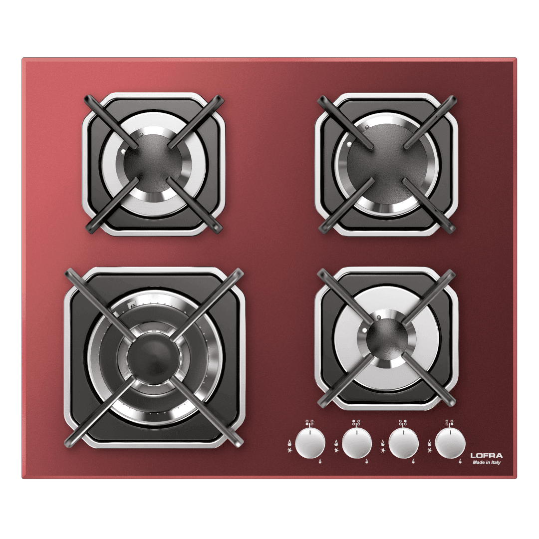 Professional Gas Glass Hob 60 cm - Mercurio Frontal Control Knobs - Red Glass - Lofra Cookers