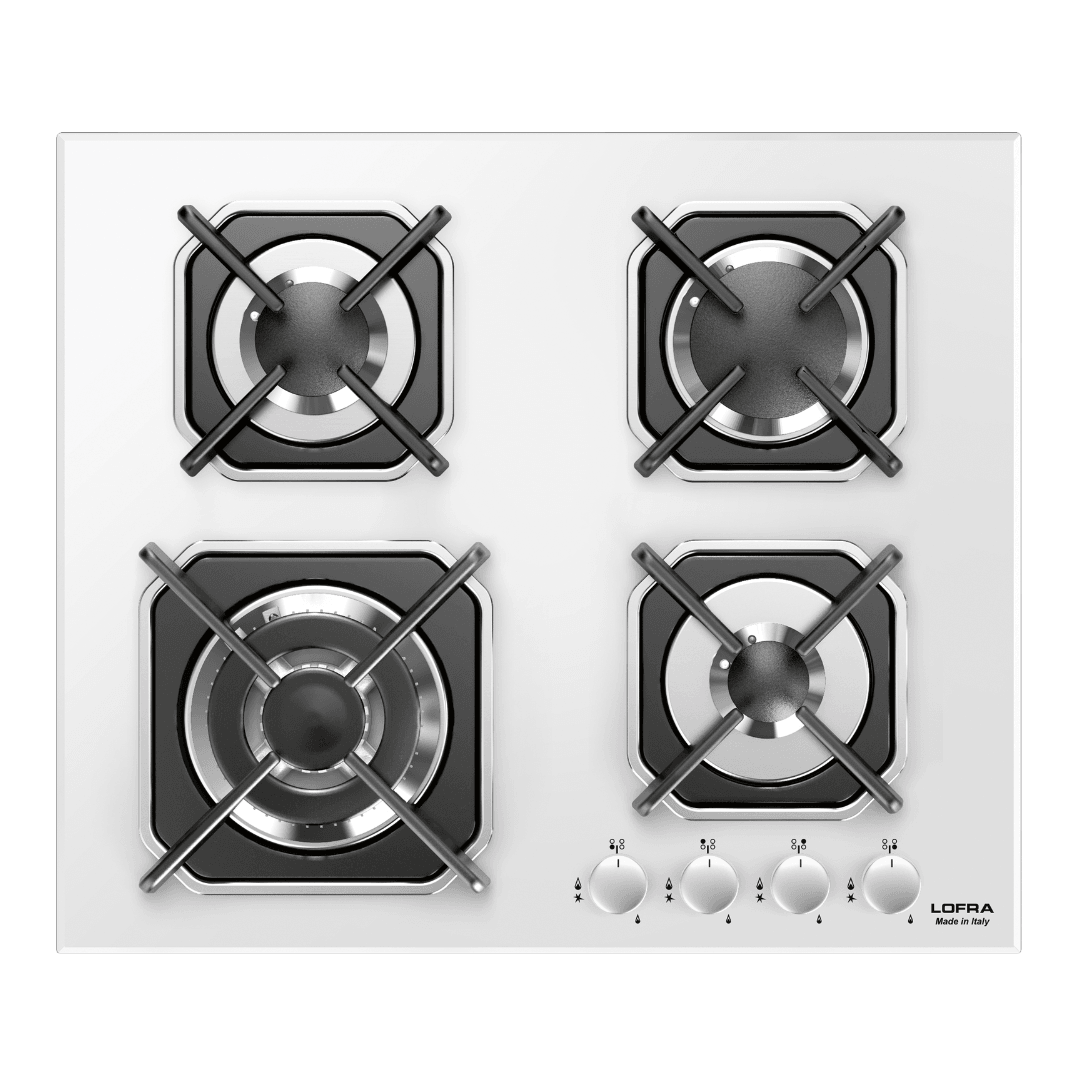 Professional Gas Glass Hob 60 cm - Mercurio Frontal Control Knobs - White Glass - Lofra Cookers