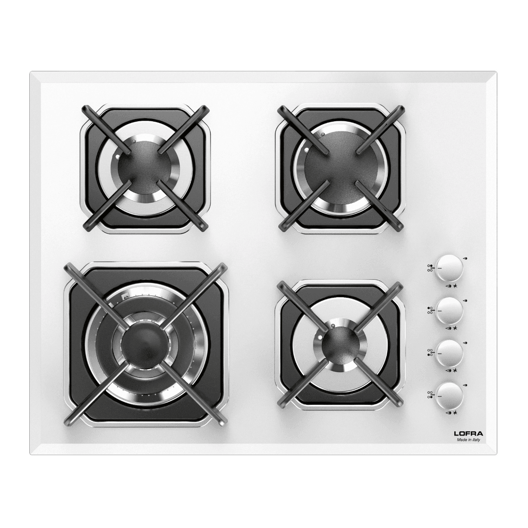 Professional Gas Glass Hob 60 cm - Mercurio Side Control Knobs - White Glass - Lofra Cookers