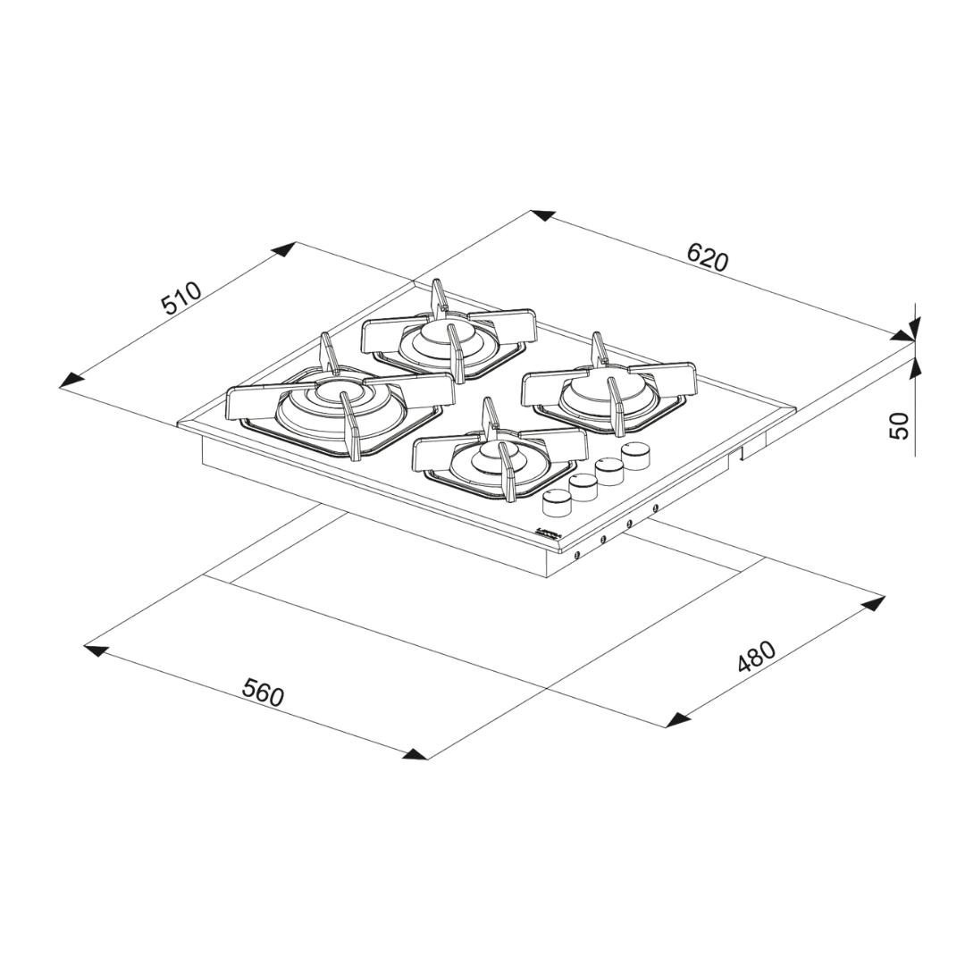 Professional Gas Glass Hob 60 cm - Mercurio Side Control Knobs - White Glass - Lofra Cookers