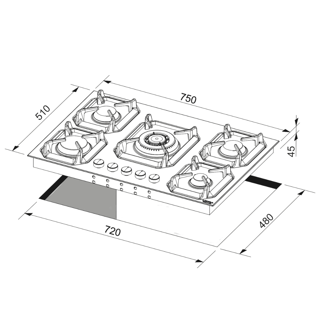 Professional Gas Glass Hob 75 cm - Sirio - Black Glass - Lofra Cookers