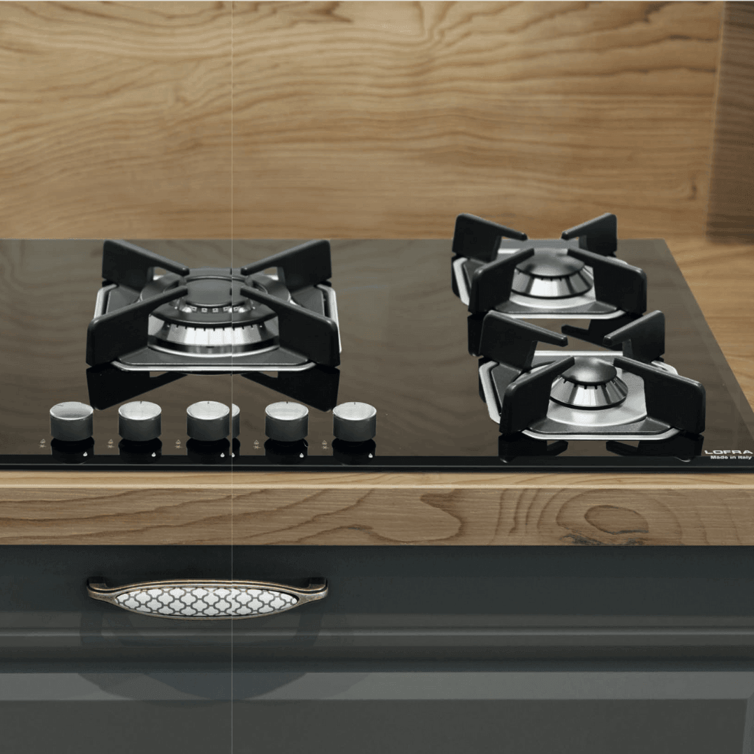 Professional Gas Glass Hob 90 cm - Marte Triple Ring Burner (Left) - Black Glass - Lofra Cookers