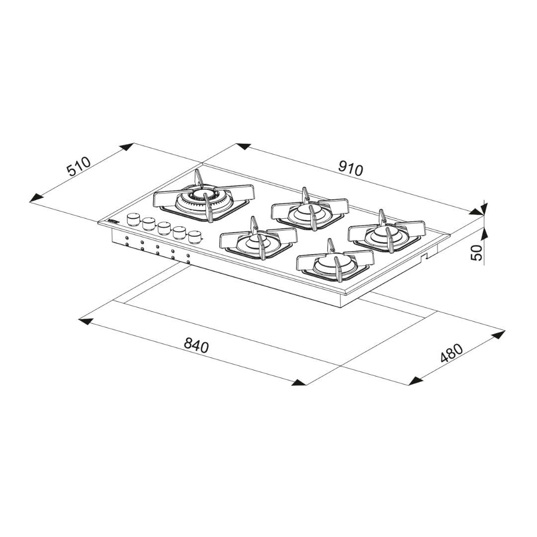 Professional Gas Glass Hob 90 cm - Marte Triple Ring Burner (Left) - Black Glass - Lofra Cookers