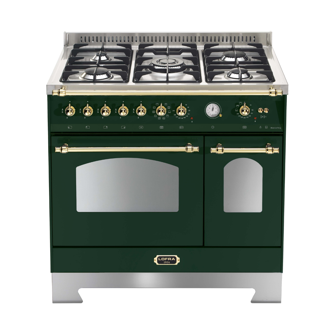 Dolcevita 90 cm Double Electric Oven Dual Fuel Range Cooker - Green - Brass Finish