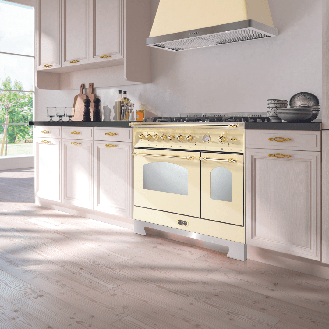 Dolcevita 120 cm Double Electric Oven Dual Fuel Range Cooker - Ivory White - Brass Finish - Lofra Cookers