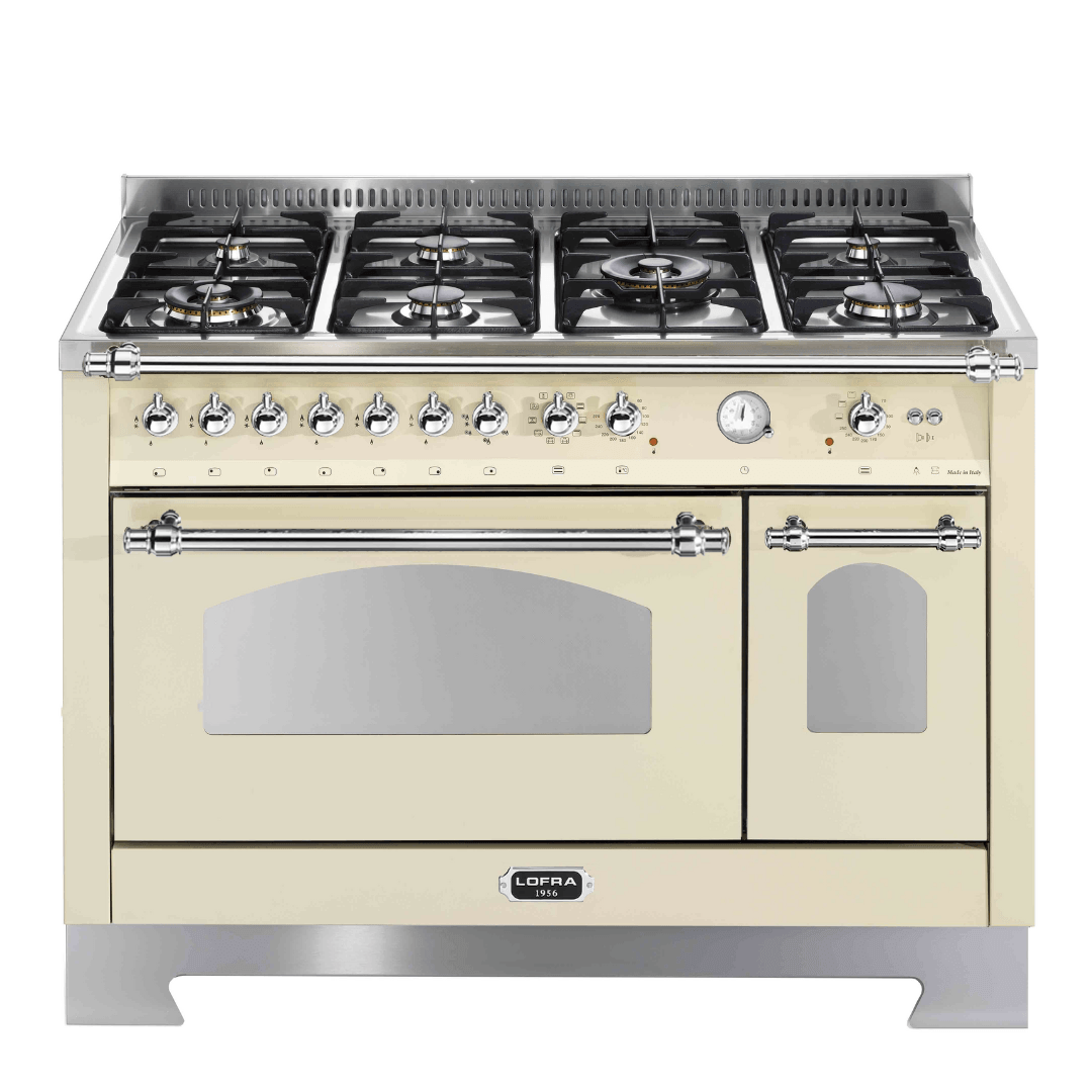 Dolcevita 120 cm Double Electric Oven Dual Fuel Range Cooker - Ivory White - Chrome Finish - Lofra Cookers