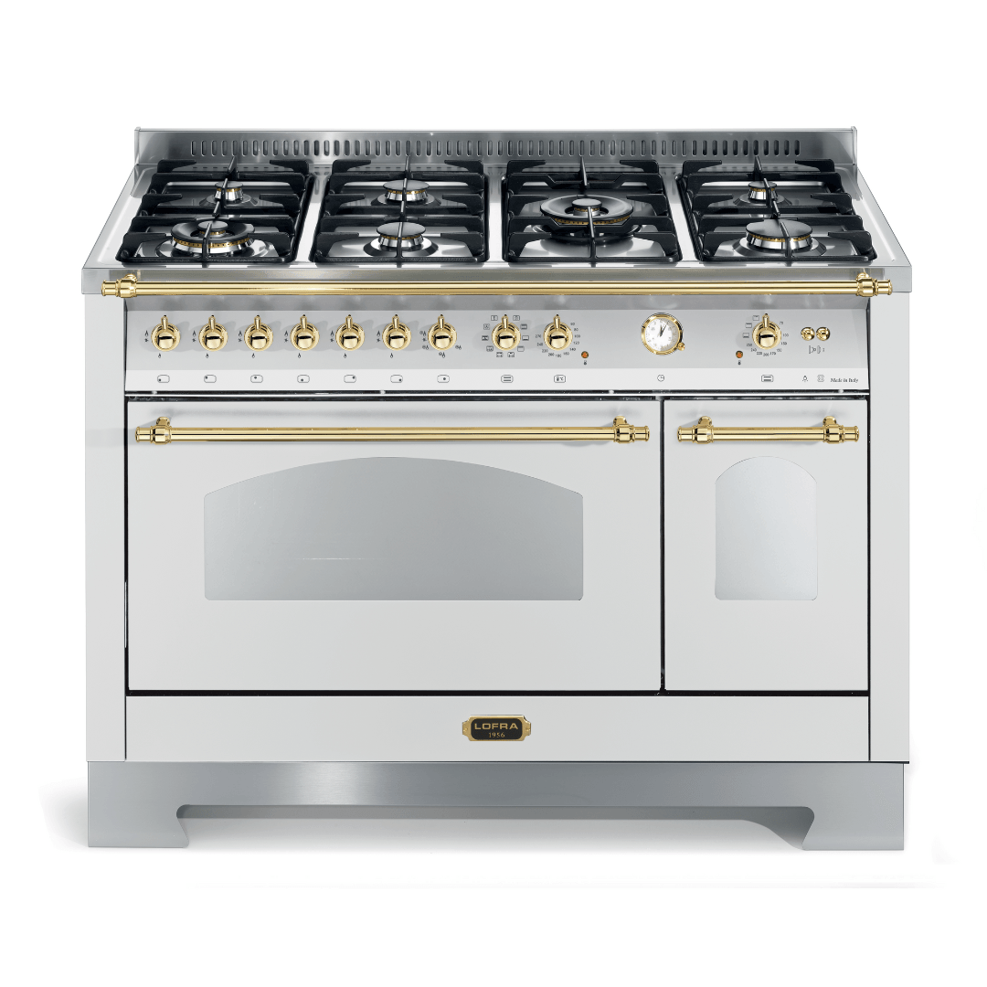 Dolcevita 120 cm Double Electric Oven Dual Fuel Range Cooker - Pearl White - Brass Finish - Lofra Cookers