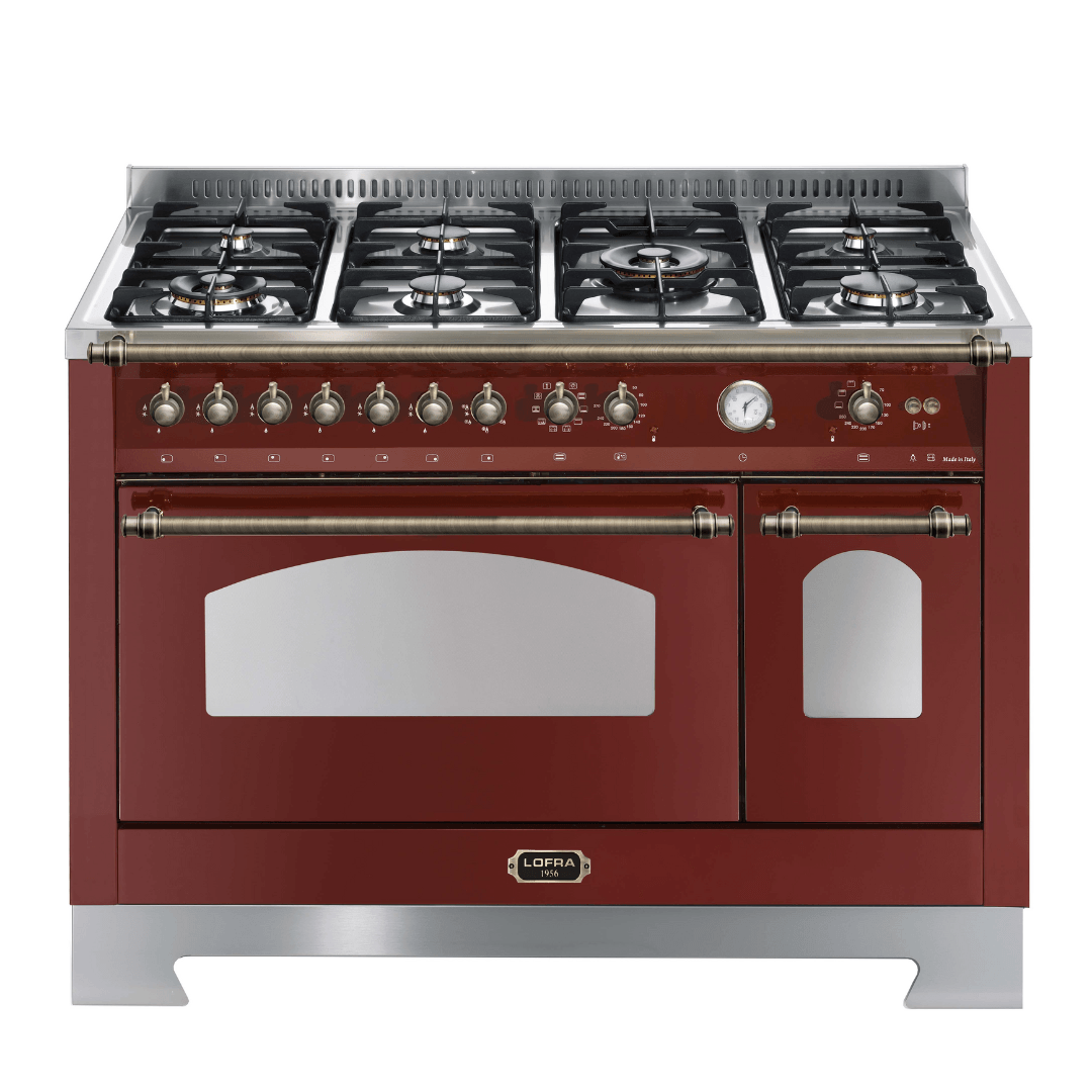 Dolcevita 120 cm Double Electric Oven Dual Fuel Range Cooker - Red Burgundy - Bronze Finish - Lofra Cookers