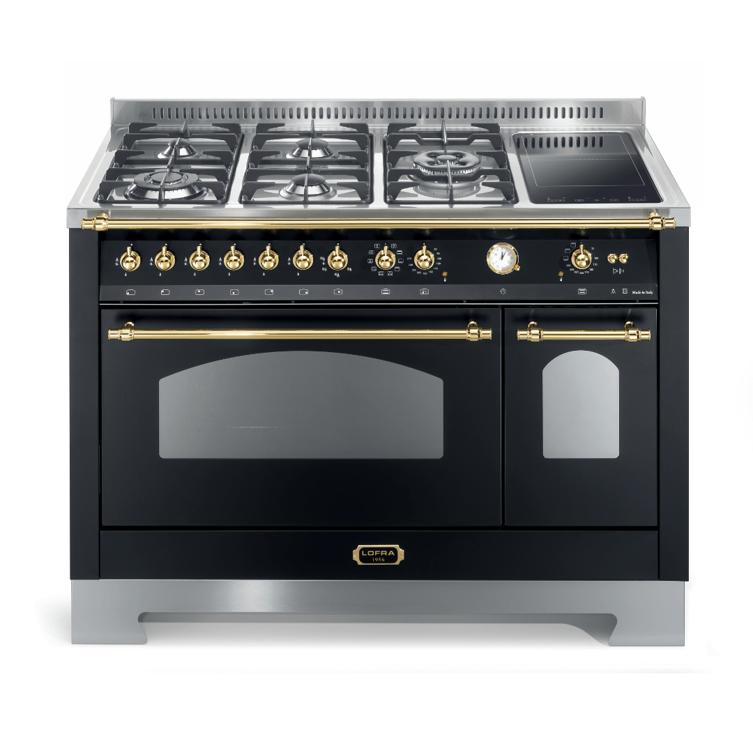Dolcevita 120 cm Mixed Burners Double Electric Oven Dual Fuel Range Cooker - Black Matte - Brass Finish - Lofra Cookers