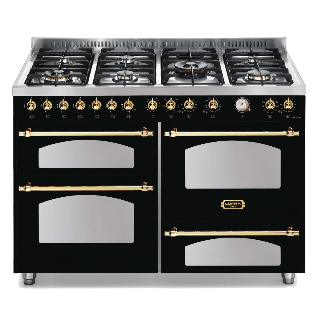 Dolcevita 120 cm Triple Electric Oven Dual Fuel Range Cooker - Black Matte - Brass Finish - Lofra Cookers