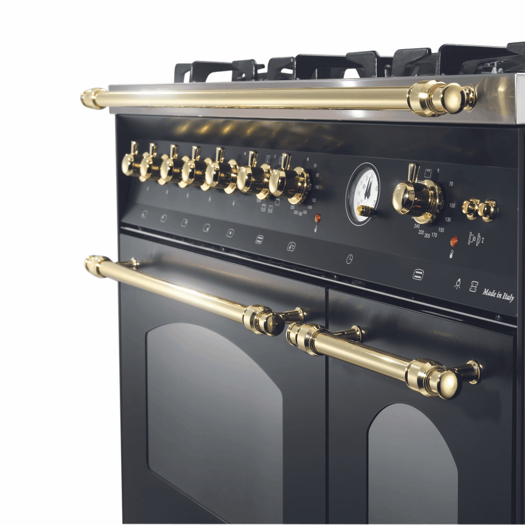 Dolcevita 120 cm Triple Electric Oven Dual Fuel Range Cooker - Black Matte - Brass Finish - Lofra Cookers