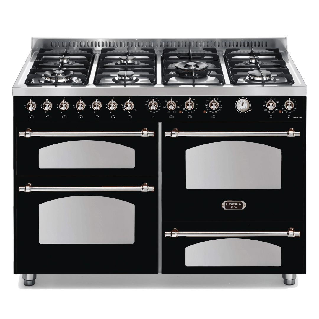 Dolcevita 120 cm Triple Electric Oven Dual Fuel Range Cooker - Black Matt - Chrome Finish - Lofra Cookers