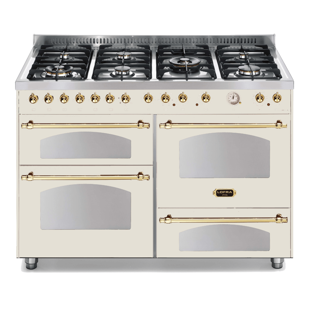 Dolcevita 120 cm Triple Electric Oven Dual Fuel Range Cooker - Ivory White - Brass Finish - Lofra Cookers