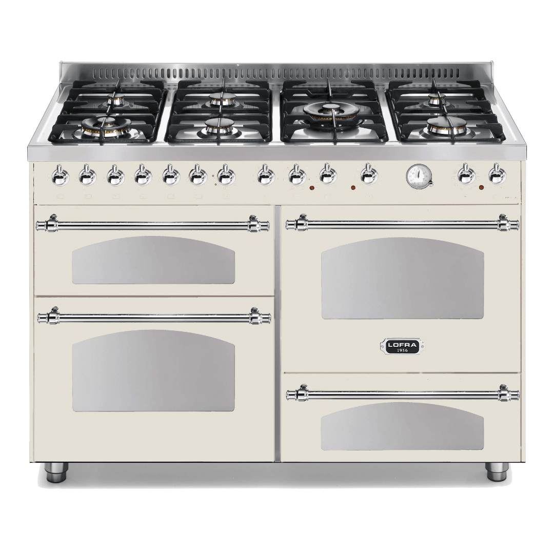 Dolcevita 120 cm Triple Electric Oven Dual Fuel Range Cooker - Ivory White - Chrome Finish - Lofra Cookers