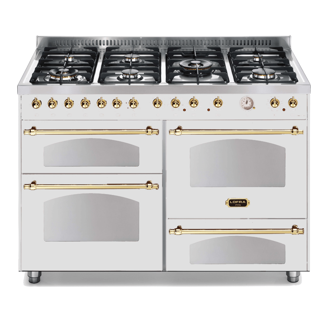 Dolcevita 120 cm Triple Electric Oven Dual Fuel Range Cooker - Pearl White - Brass Finish - Lofra Cookers