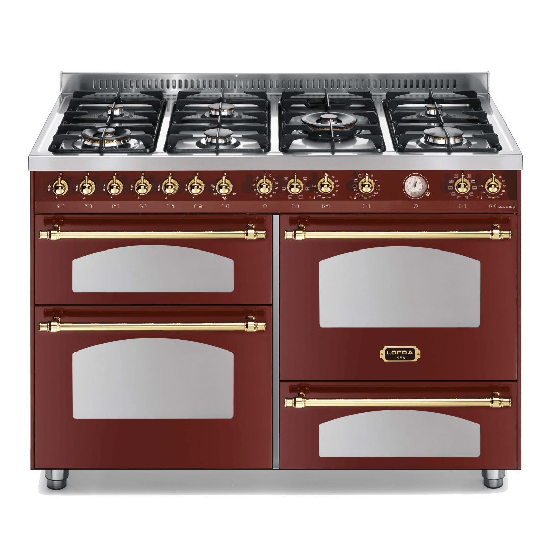 Dolcevita 120 cm Triple Electric Oven Dual Fuel Range Cooker - Red Burgundy - Brass Finish - Lofra Cookers