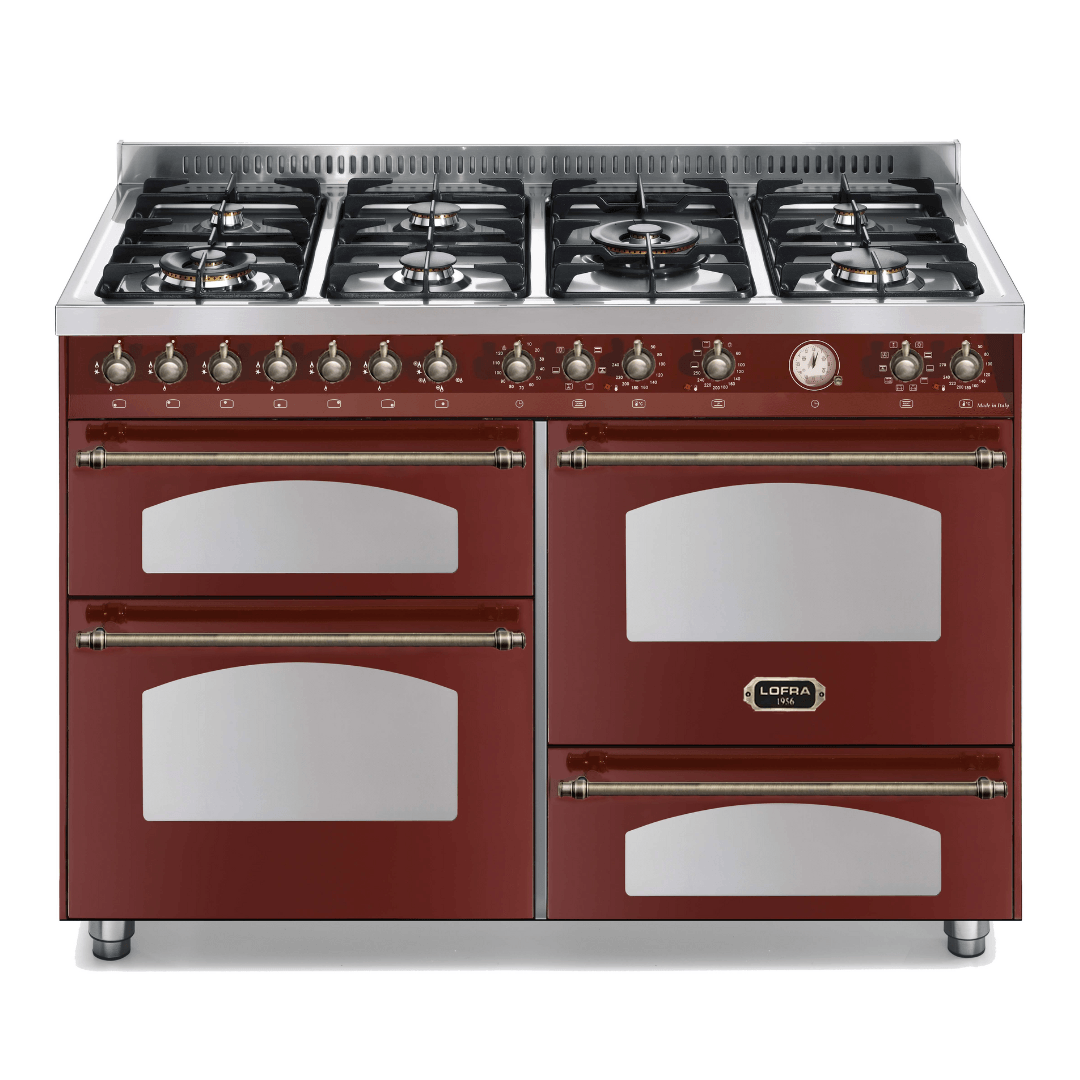 Dolcevita 120 cm Triple Electric Oven Dual Fuel Range Cooker - Red Burgundy - Bronze Finish - Lofra Cookers