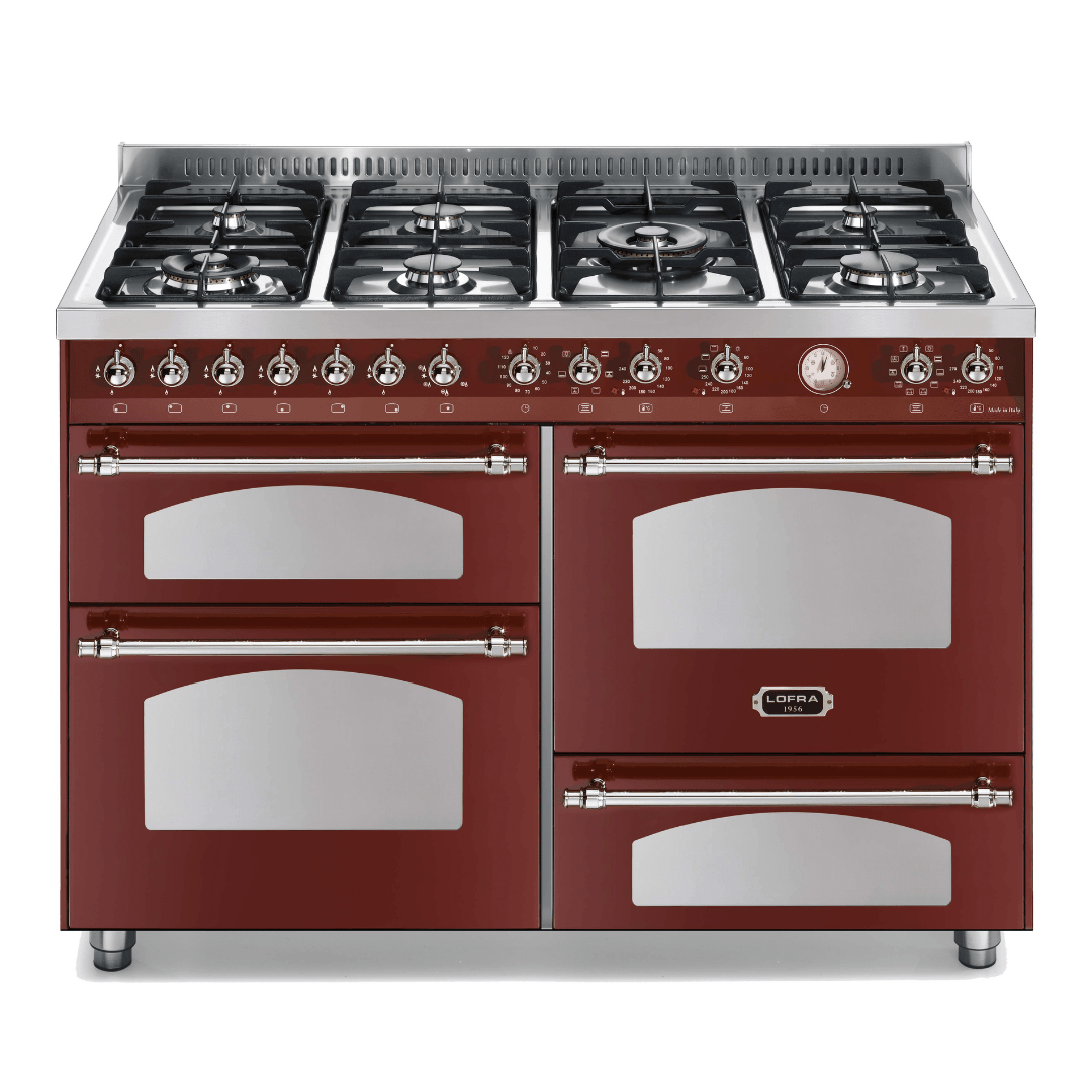 Dolcevita 120 cm Triple Electric Oven Dual Fuel Range Cooker - Red Burgundy - Chrome Finish - Lofra Cookers