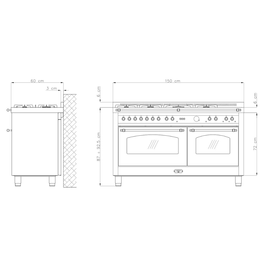 Dolcevita 150 cm Mixed Burners Double Electric Oven Dual Fuel Range Cooker - Black Matt - Brass Finish - Lofra Cookers