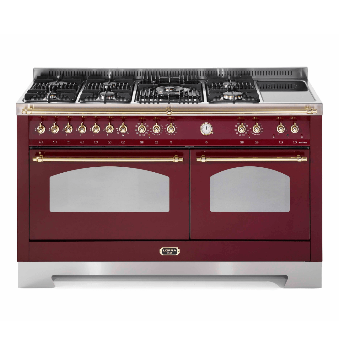 Dolcevita 150 cm Mixed Burners Double Electric Oven Dual Fuel Range Cooker - Red Burgundy - Brass Finish - Lofra Cookers