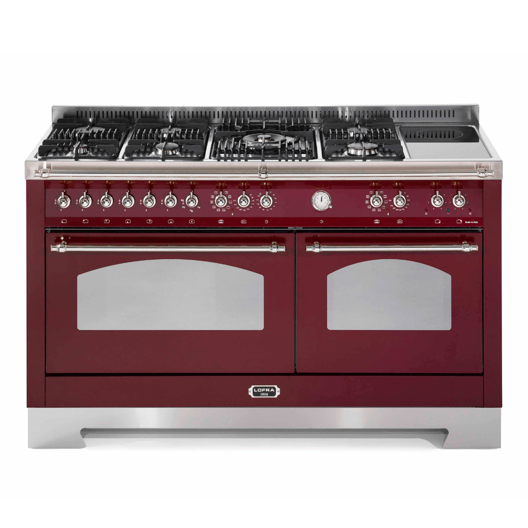 Dolcevita 150 cm Mixed Burners Double Electric Oven Dual Fuel Range Cooker - Red Burgundy - Chrome Finish - Lofra Cookers