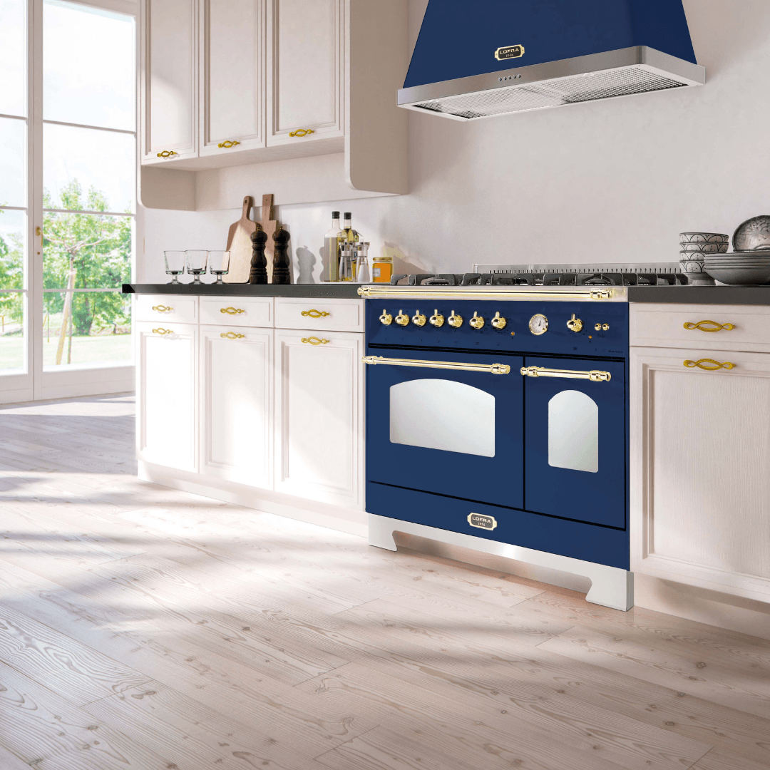 Dolcevita 90 cm Double Electric Oven Dual Fuel Range Cooker - Blue - Brass Finish - Lofra Cookers