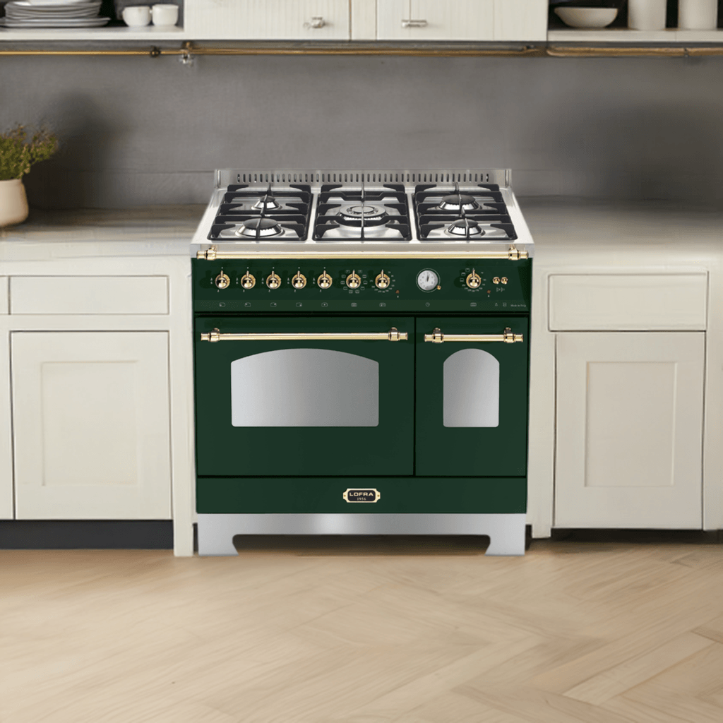 Dolcevita 90 cm Double Electric Oven Dual Fuel Range Cooker - Green - Brass Finish - Lofra Cookers