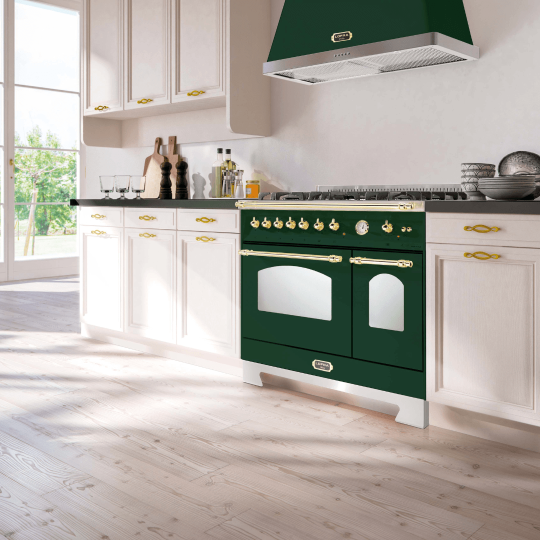 Dolcevita 90 cm Double Electric Oven Dual Fuel Range Cooker - Green - Brass Finish - Lofra Cookers