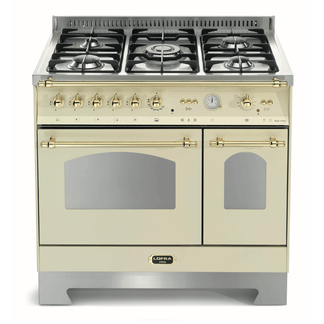 Dolcevita 90 cm Double Electric Oven Dual Fuel Range Cooker - Ivory White - Brass Finish - Lofra Cookers