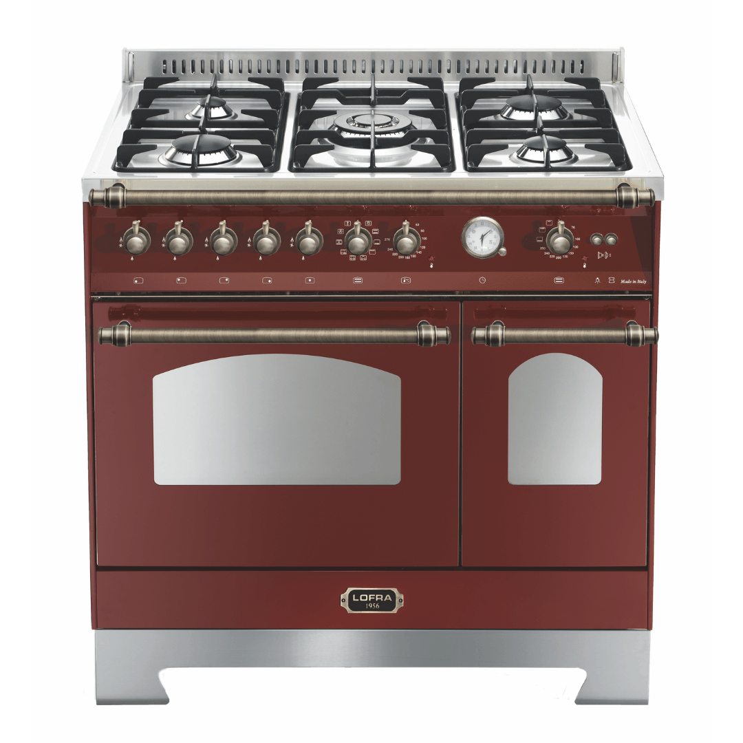 Dolcevita 90 cm Double Electric Oven Dual Fuel Range Cooker - Red Burgundy - Bronze Finish - Lofra Cookers