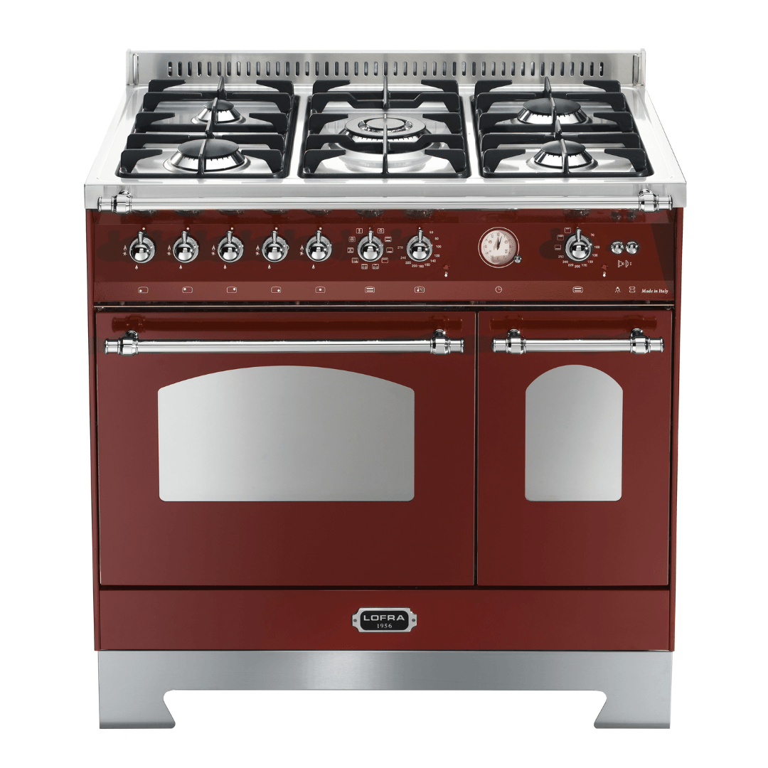 Dolcevita 90 cm Double Electric Oven Dual Fuel Range Cooker - Red Burgundy - Chrome Finish - Lofra Cookers