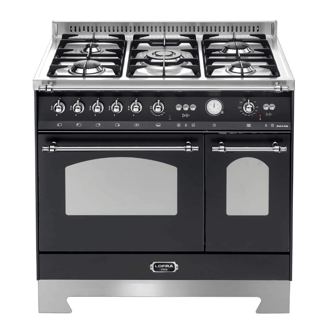 Dolcevita 90 cm Double Oven Dual Fuel Range Cooker - Black Matte - Chrome Finish - Lofra Cookers