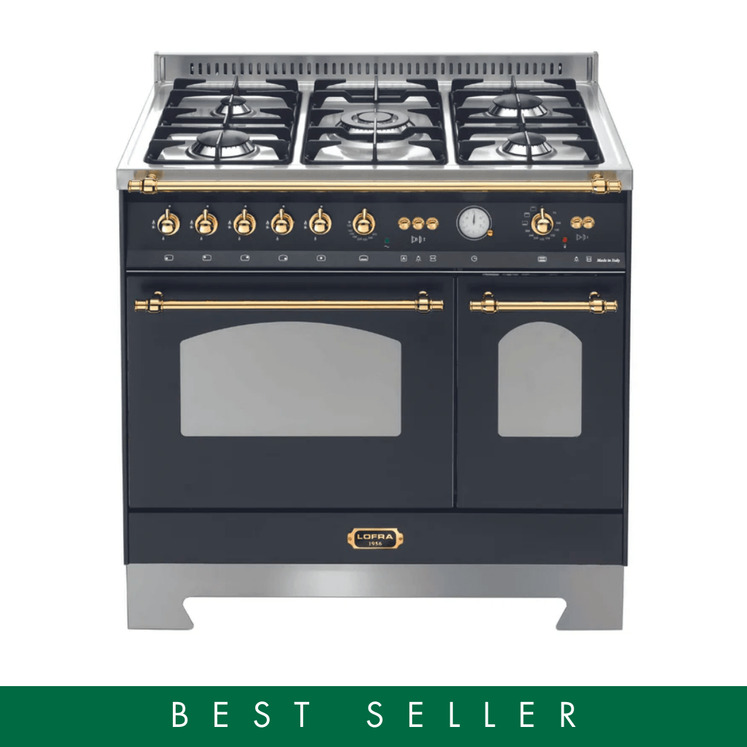 Dolcevita 90 cm Double Oven Dual Fuel Range Cooker - Black Matte - Brass Finish - Lofra Cookers