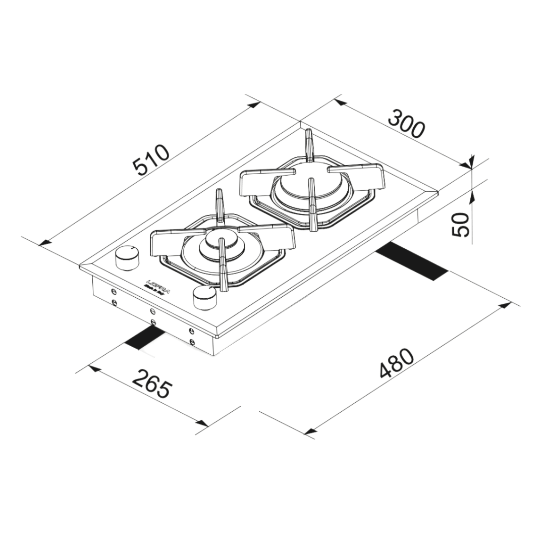 Professional Gas Glass Hob 30 cm - Diadema Double Burner - Black Glass - Lofra Cookers