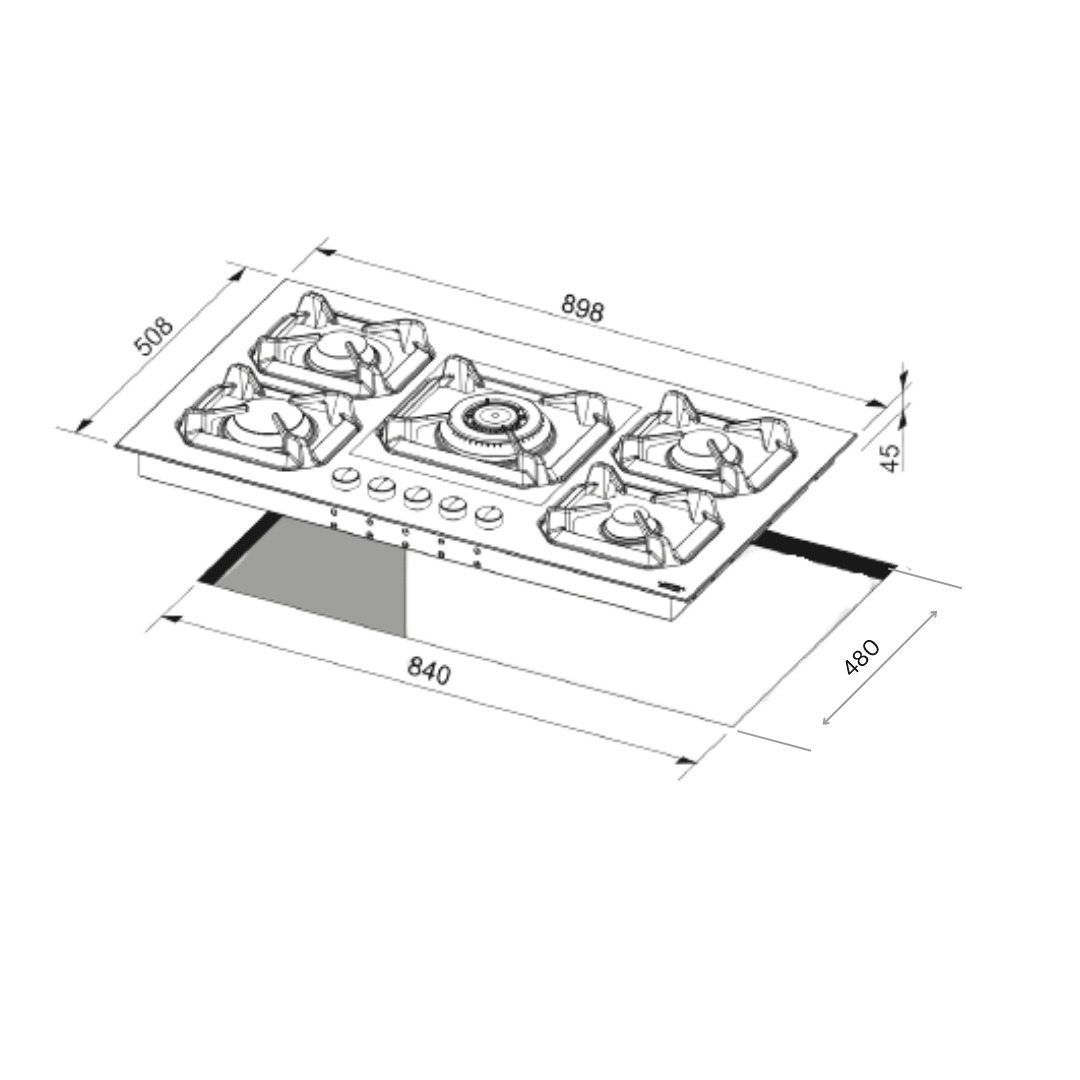 Professional Gas Glass Hob 90 cm - Marte Triple Ring Burner (Centre) - White Glass - Lofra Cookers