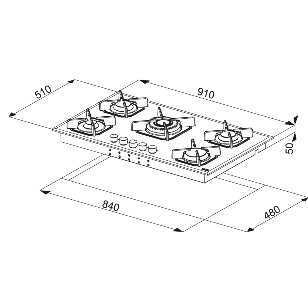 Professional Gas Glass Hob 90 cm - Marte Triple Ring Burner (Right) - Black Glass - Lofra Cookers