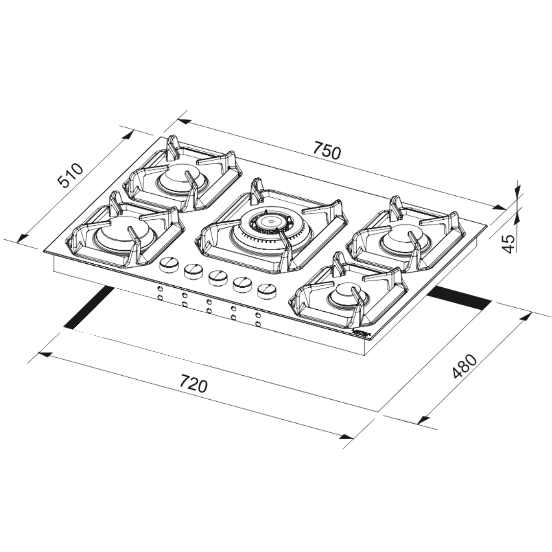 Professional Stainless Steel Hob 75 cm - Urano - Steel - Triple Ring (Centre) - Lofra Cookers