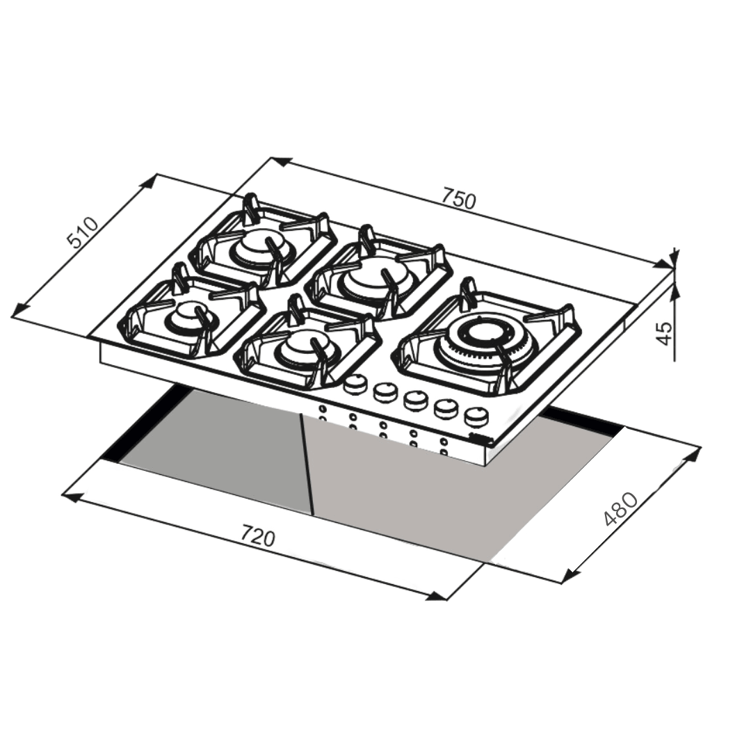 Professional Stainless Steel Hob 75 cm - Urano - Steel - Triple Ring (Right) - Lofra Cookers