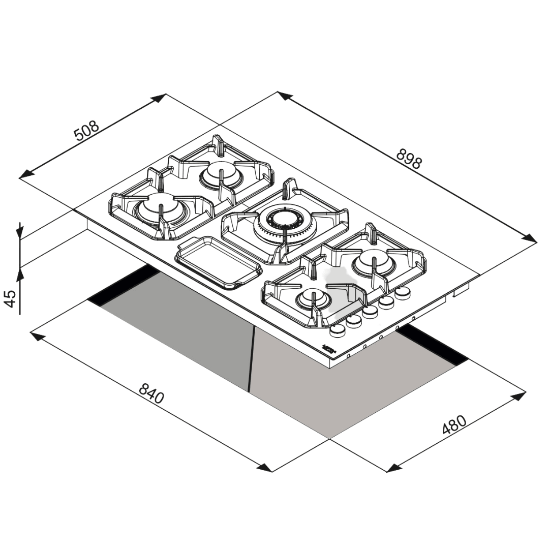 Professional Stainless Steel Hob 90 cm - Sole - Stainless Steel - Ceramic Tray - Lofra Cookers